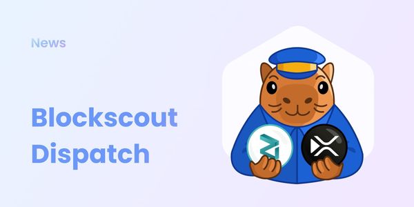 Blockscout Dispatch news mascot holding Zilliqa ZIL and XRP cryptocurrency tokens - blockchain explorer updates