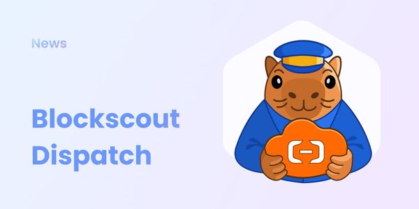 Blockscout mascot cat in blue uniform holding orange Blockscout logo for Dispatch newsletter