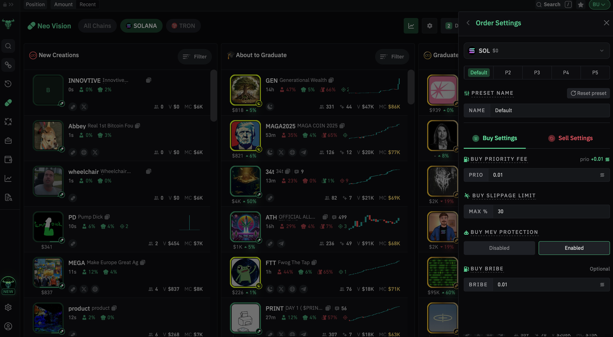 Bullx NEO gas and slippage settings