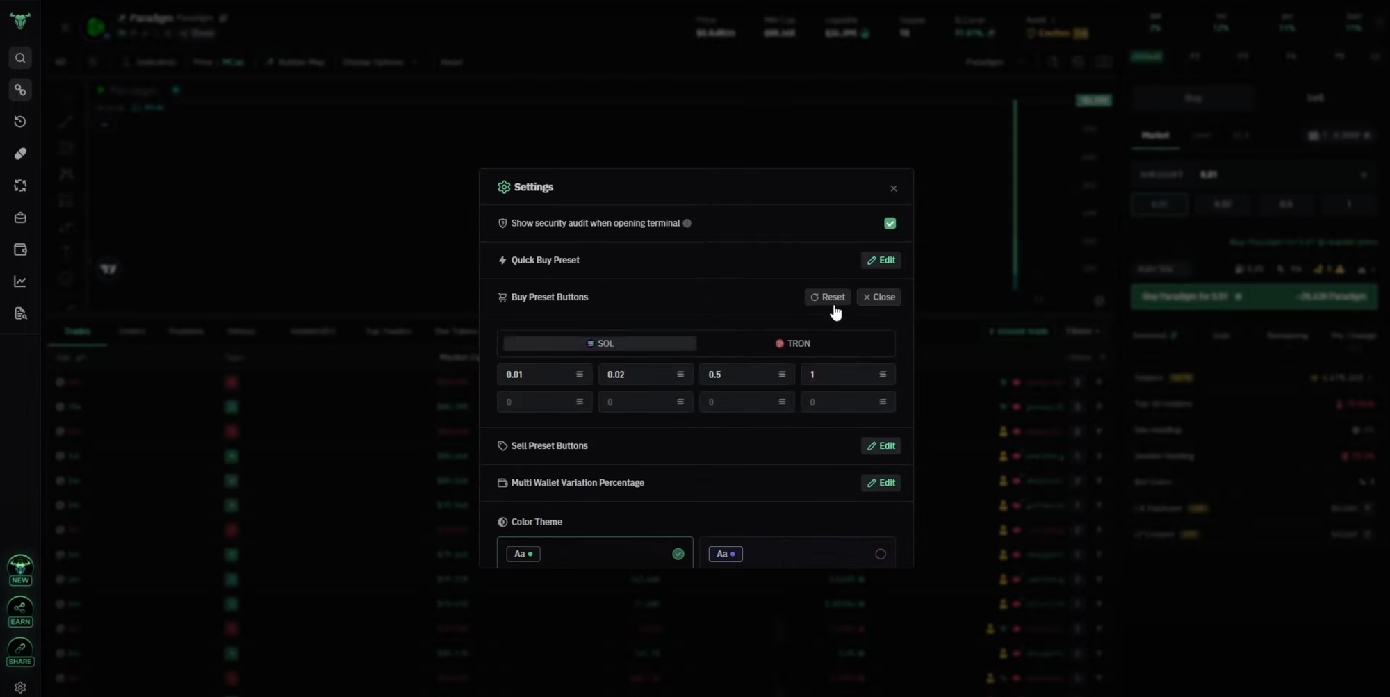 BullX NEO Vision settings dashboard