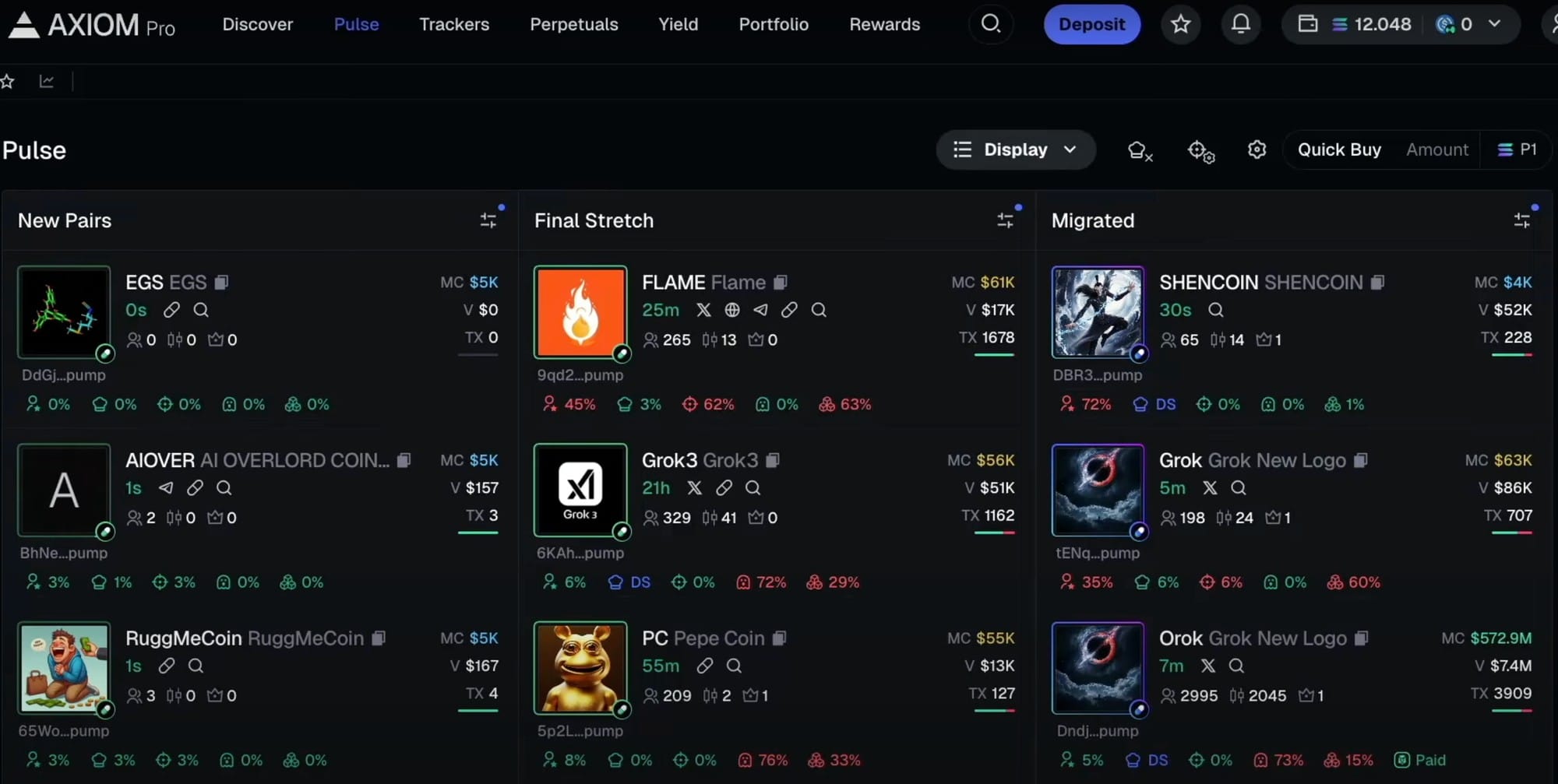 Axiom Trade dashboard showing different cryptos with the BullX NEO integration
