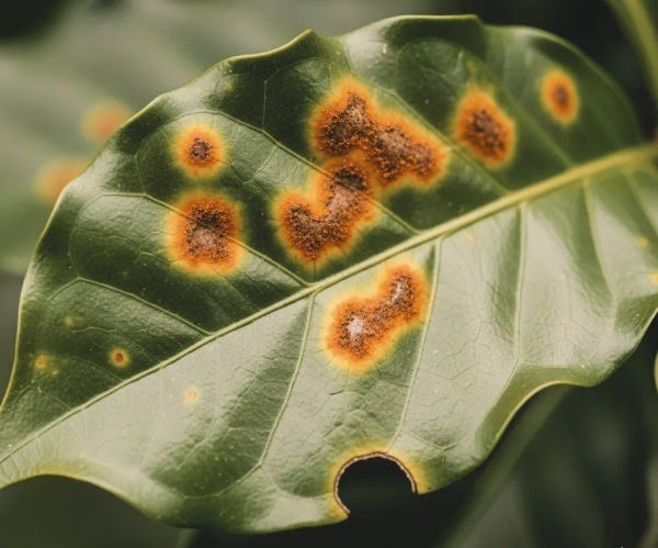 Close-up of a coffee leaf showing orange spots of Hemileia vastatrix, or coffee leaf rust, a common fungal disease.