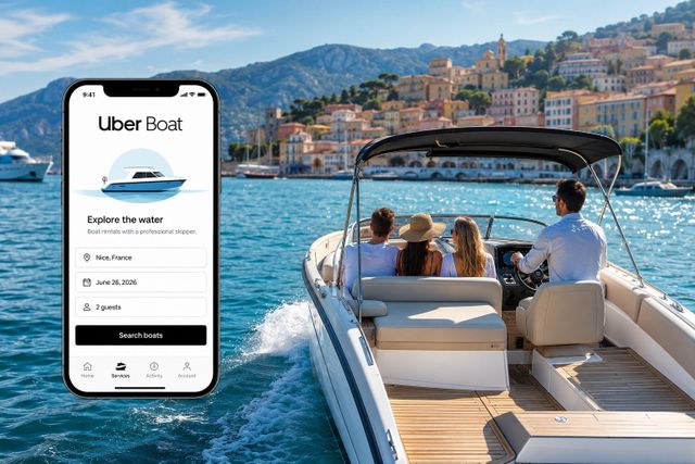 AI-generierte Illustration von Uber Boat im Mittelmeer mit Luxus-Motorboot und Smartphone-App an der französischen Riviera im Sommer 2026.