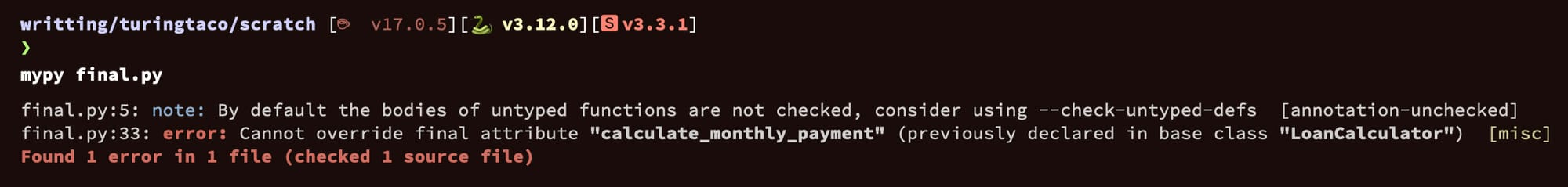 Screenshot of mypy reporting an error when overriding methods decorated with @final