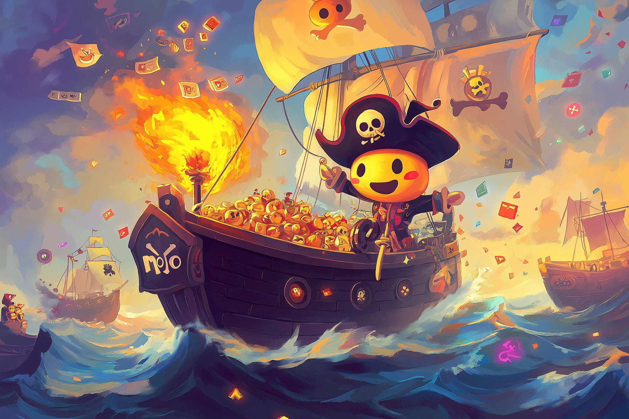 A playful digital art piece featuring the anthropomorphized fire emoji mascot of Mojo as a pirate captain sailing on a pirate ship. The ship is filled with treasure and surrounded by colourful gems, symbolizing the borrowing of features from various programming languages. The scene captures the adventurous and eclectic spirit of Mojo