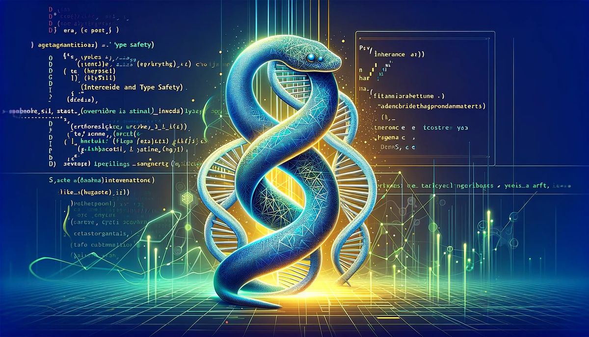 A Python entwined in a DNA helix structure, with code elements in the background, illustrating Python inheritance.