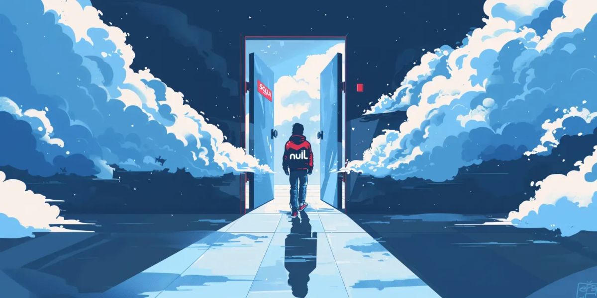 Illustration of a person with 'null' on their back, walking out through a  closing door with a Scala tag on it