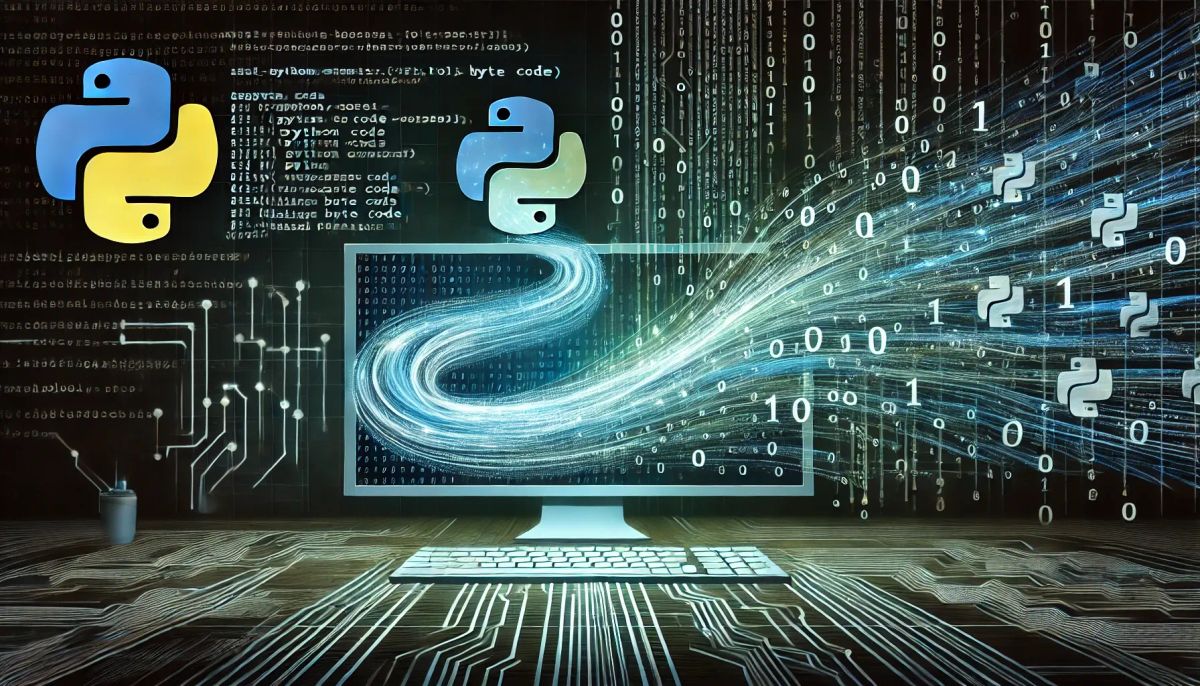 Visual transformation of Python code into byte code with digital and circuit elements.