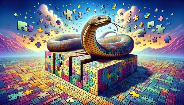 Circuit-patterned snake atop puzzle cubes in a surreal, colorful landscape.
