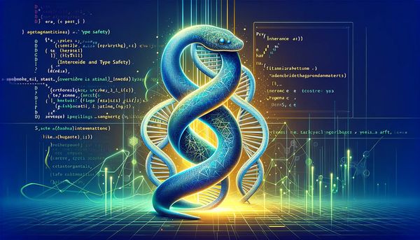 A Python entwined in a DNA helix structure, with code elements in the background, illustrating Python inheritance.