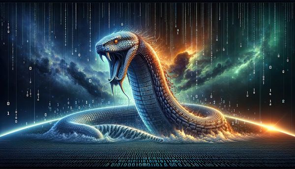 A majestic cyber serpent emerges from a binary sea, amidst a cosmic backdrop, signifying Python's powerful data unpacking.