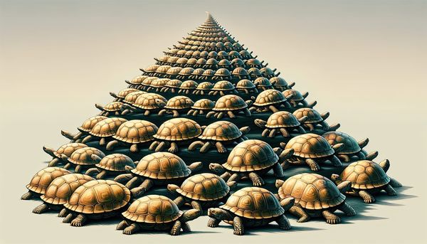 urtles stacked in a pyramid shape, representing the concept of recursion in a fractal pattern.
