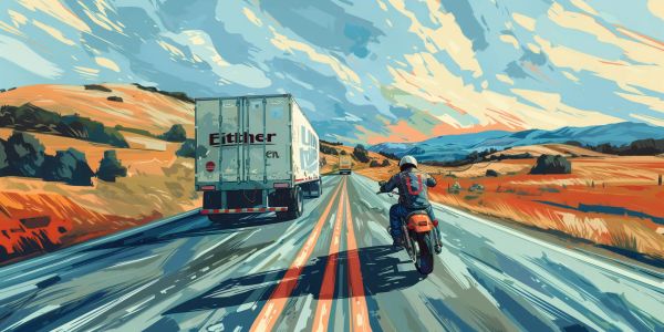 Motorcyclist on a straight road with a jacket labeled 'U' passing a truck on a winding road labeled 'Either'.