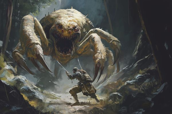 A warrior faces a giant monster in a dark forest, symbolizing the battle against hidden bugs in programming.