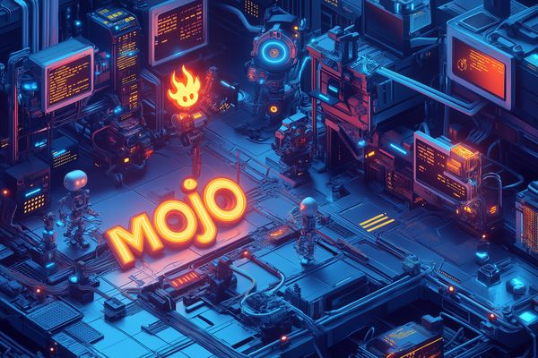 A futuristic digital art piece showcasing the Mojo programming language with robots in a high-tech environment, highlighting the word 'Mojo' in glowing letters.