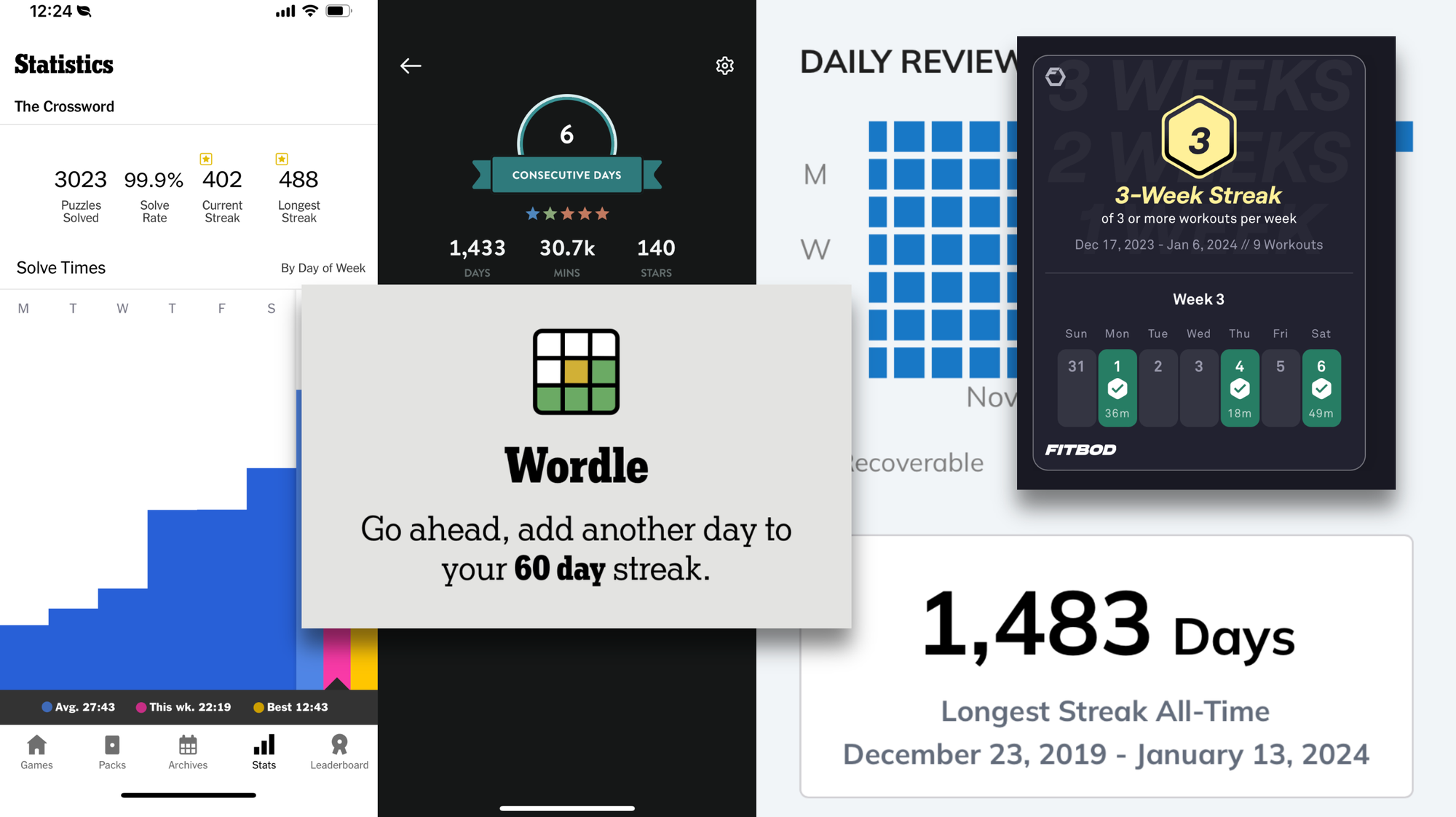 A mosaic of screenshots from apps, showing a variety of daily "streaks," ranging from 6 (daily meditation) to 1,483 days (Readwise reviews).