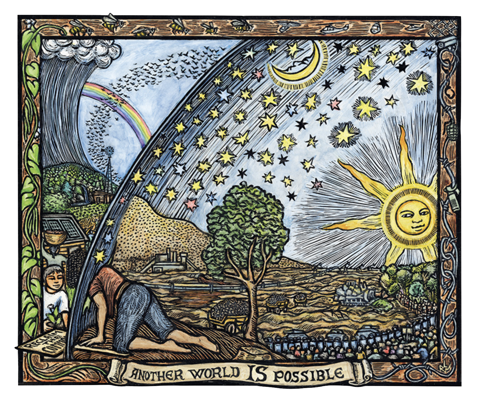 A person in an environment of industrial agriculture pokes her head through a dome to see a beautiful small farm.