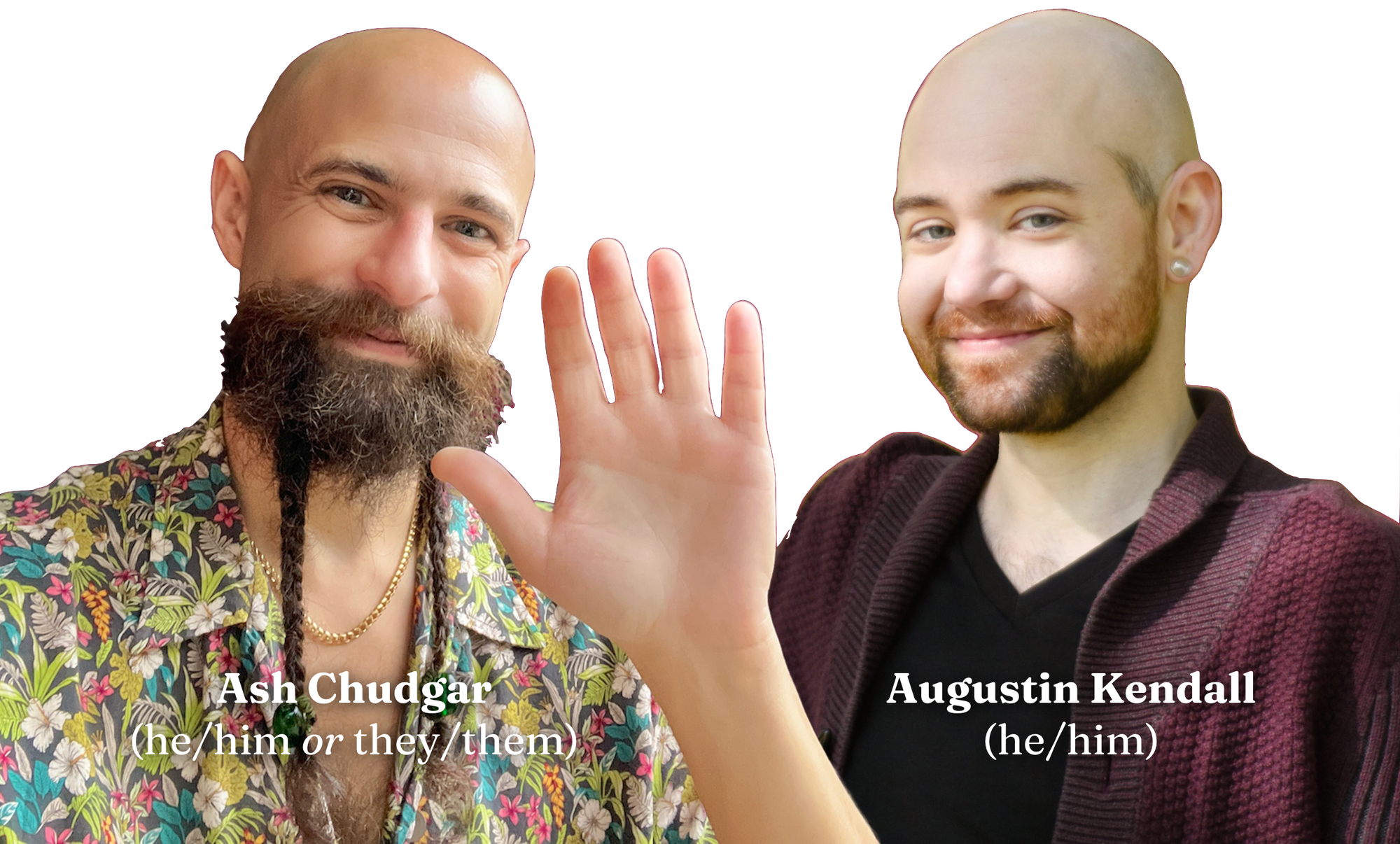 Photo collage of smiling two bald men with beards (one long and braided, one close-cropped)