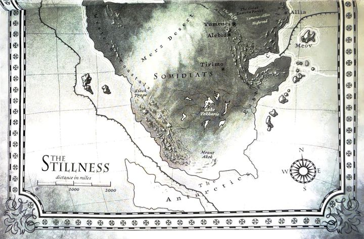 Map of the southern half of The Stillness, the world of N.K. Jemisin’s _Broken Earth_ trilogy.