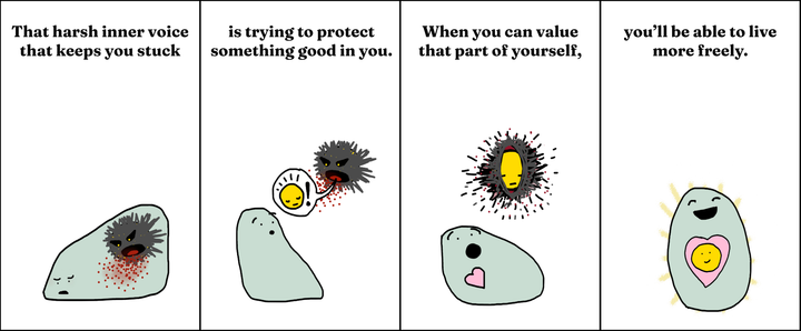 That harsh inner voice that keeps you stuck is trying to protect something good in you. When you can value that part of yourself, you’ll be able to live more freely.