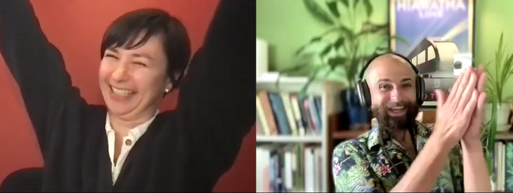 Two people express joy in Zoom windows!