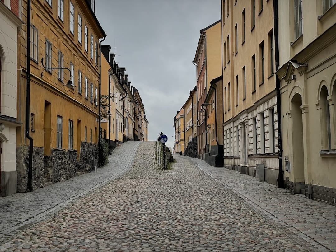Cobblestone street with old buildings on a cloudy day