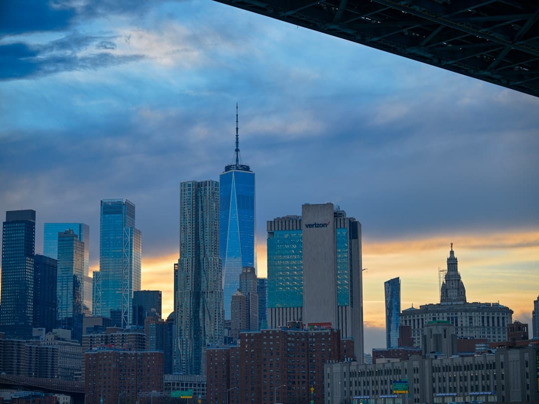 New york city skyline at dusk with dramatic clouds