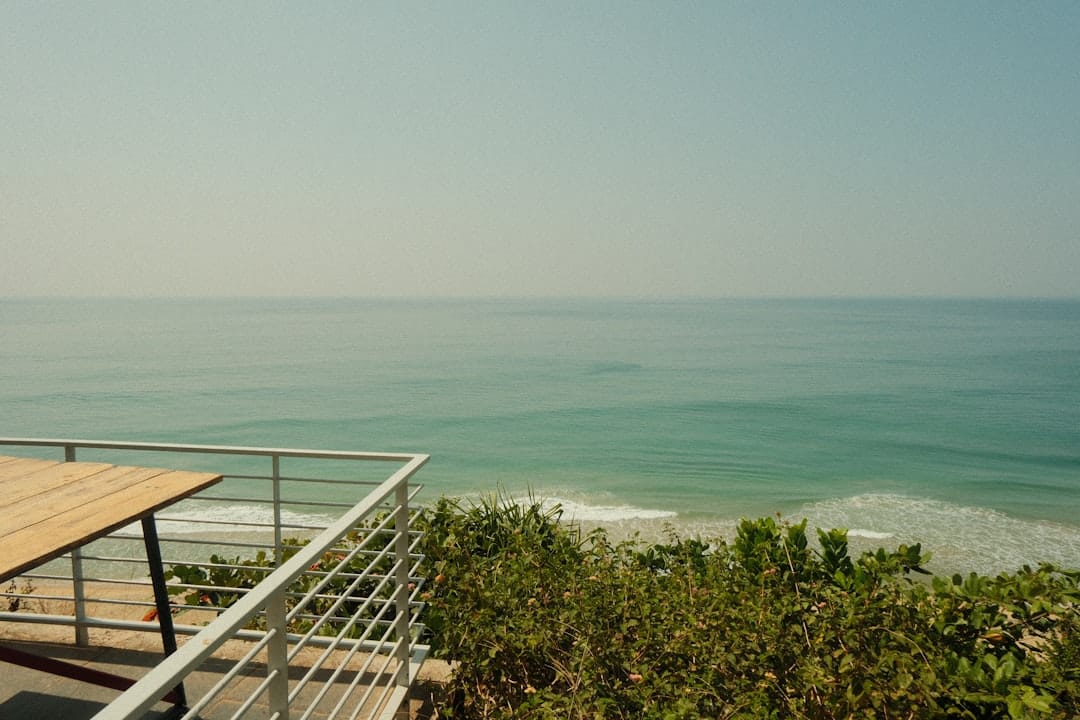 Ocean view from a balcony with a table and plants
