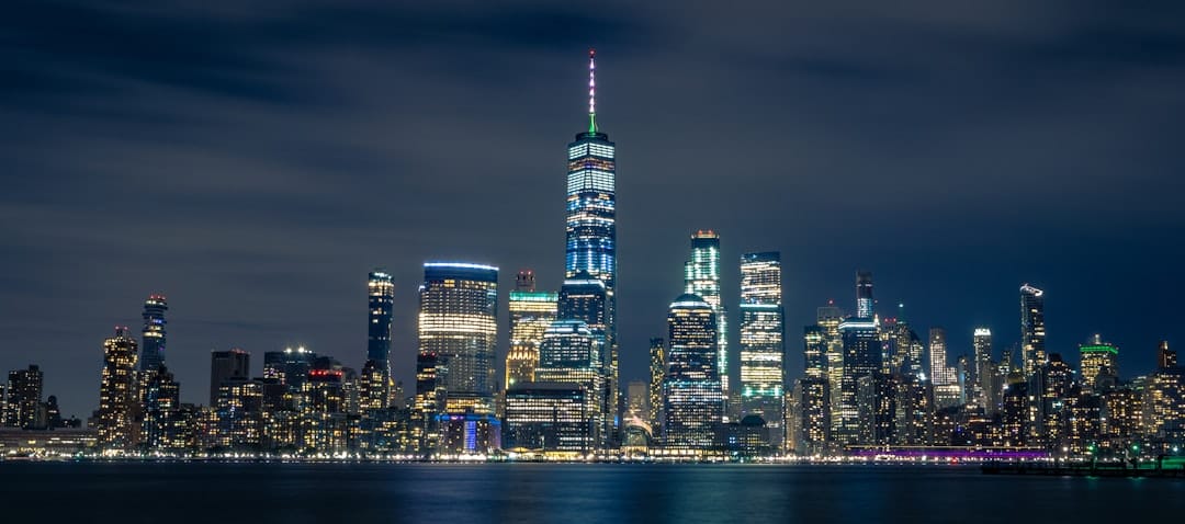 city skyline during night time