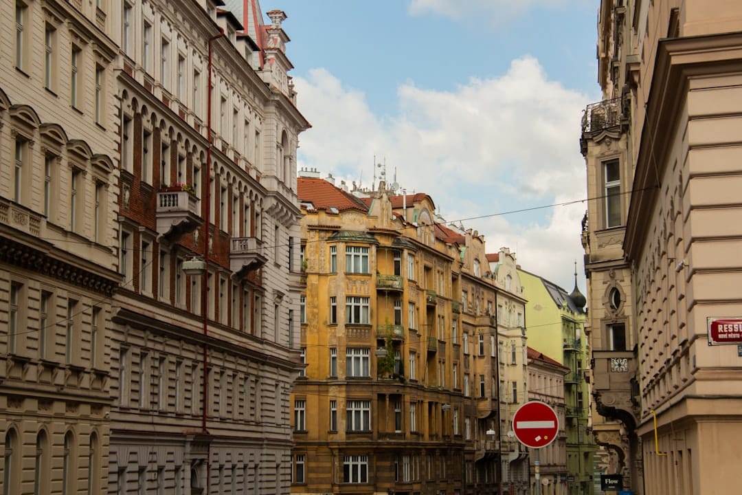 European street with old buildings and a traffic sign.