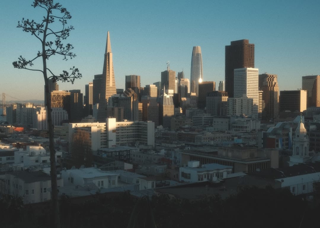 A view of a city with tall buildings