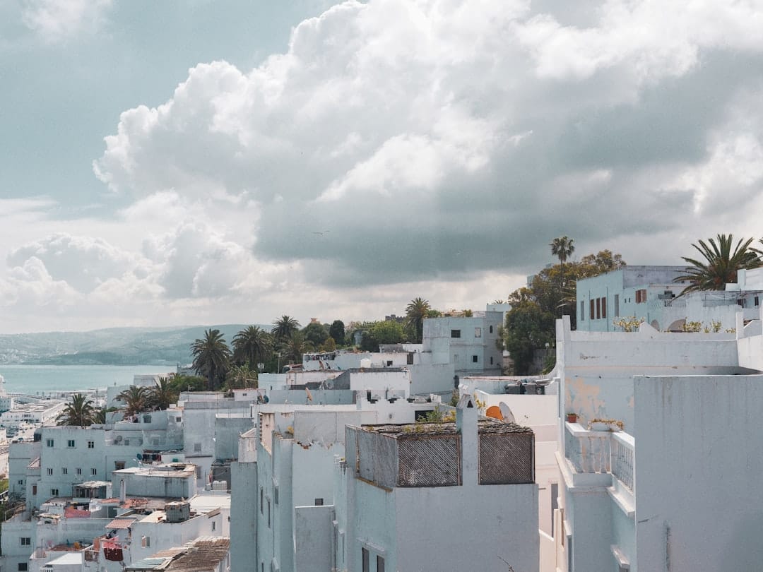 White buildings overlooking the ocean under cloudy sky.