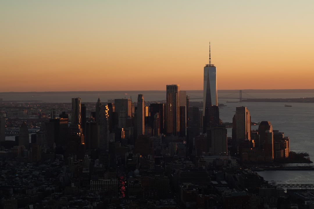 a view of a city skyline at sunset