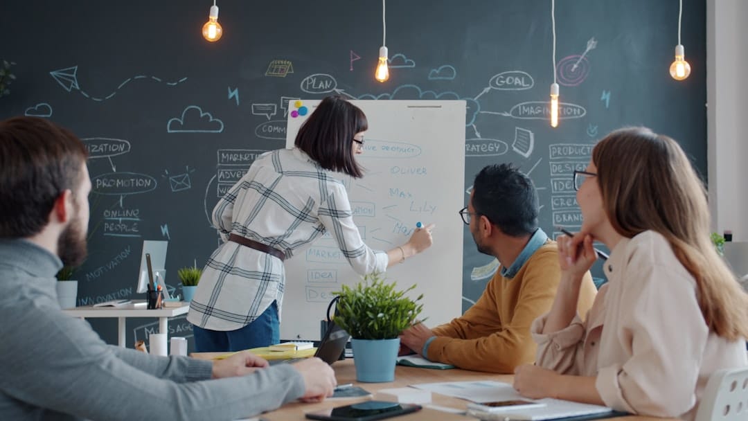 Team collaborating around a whiteboard in an office