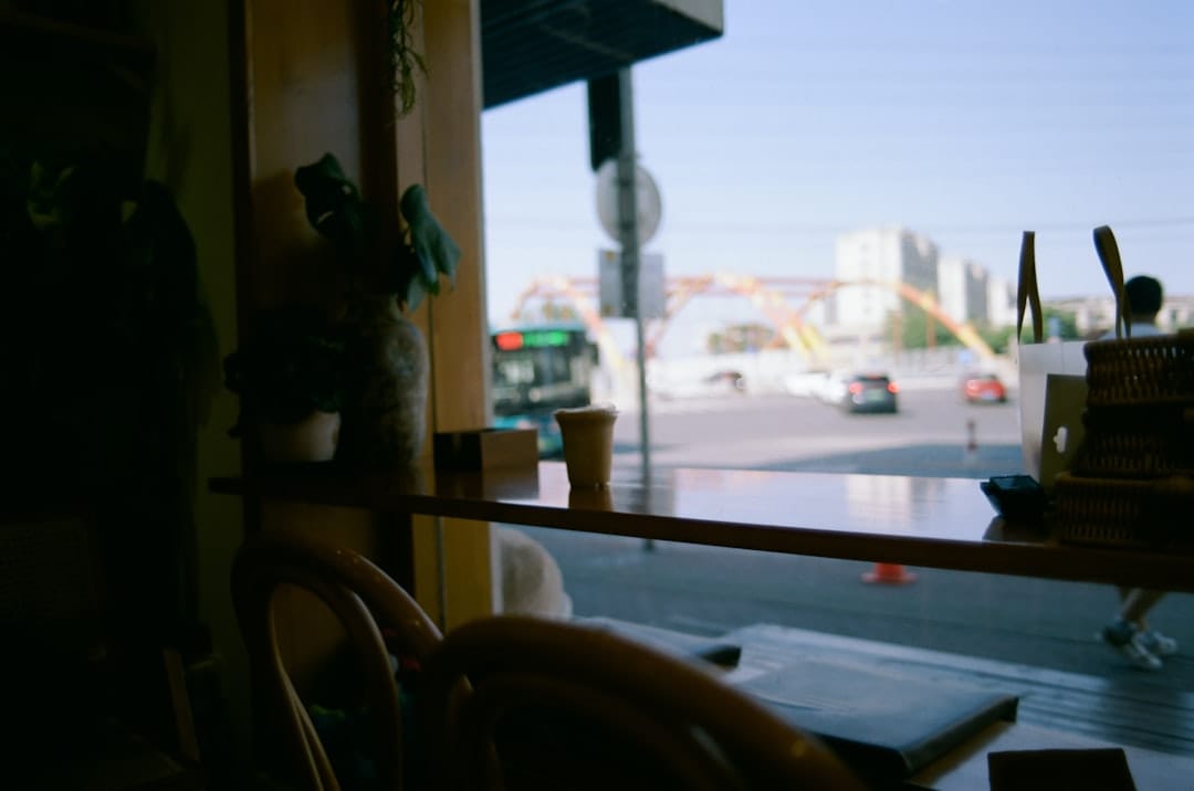 View of city street through cafe window