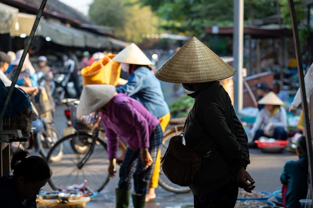 People wearing conical hats at an outdoor market