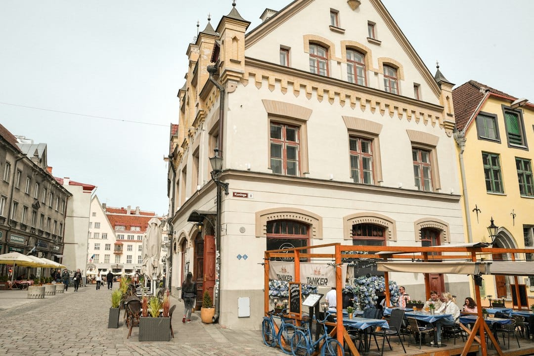Old european buildings line a cobblestone street