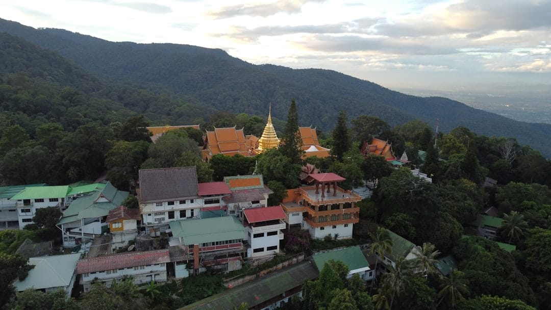 An aerial view of a village in the mountains