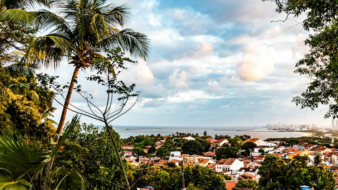 Tropical town overlooks the ocean under a cloudy sky