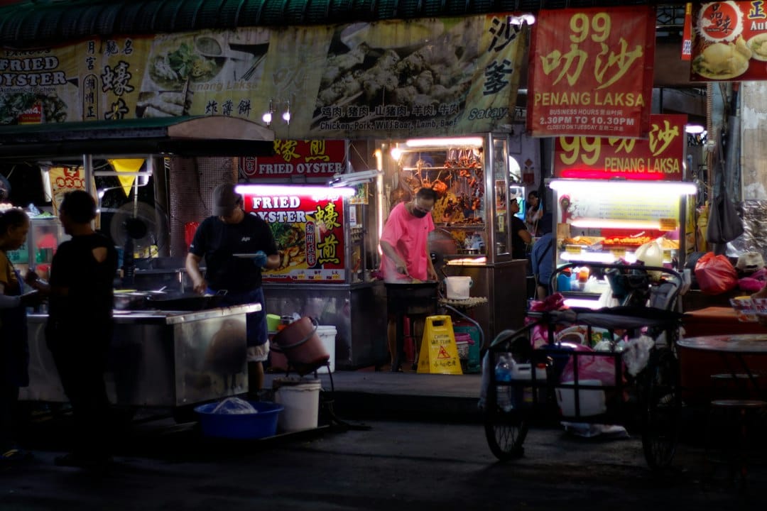 Street food stalls are bustling at night