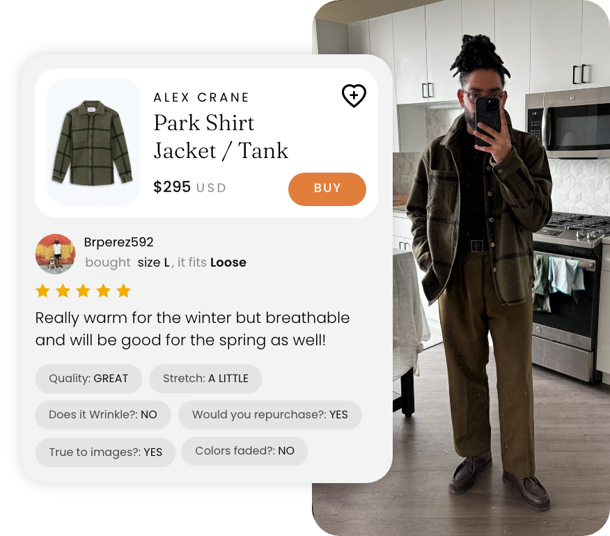 Graphic featuring an image of a man with dark hair, flannel coat, and straight-leg pants. Plus their review of the flannel coat overlayed.