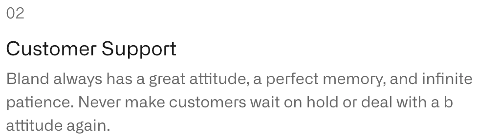 02 Customer Support - Bland always has a great attitude, a perfect memory, and infinite patience. Never make customers wait on hold or deal with a b attitude again.