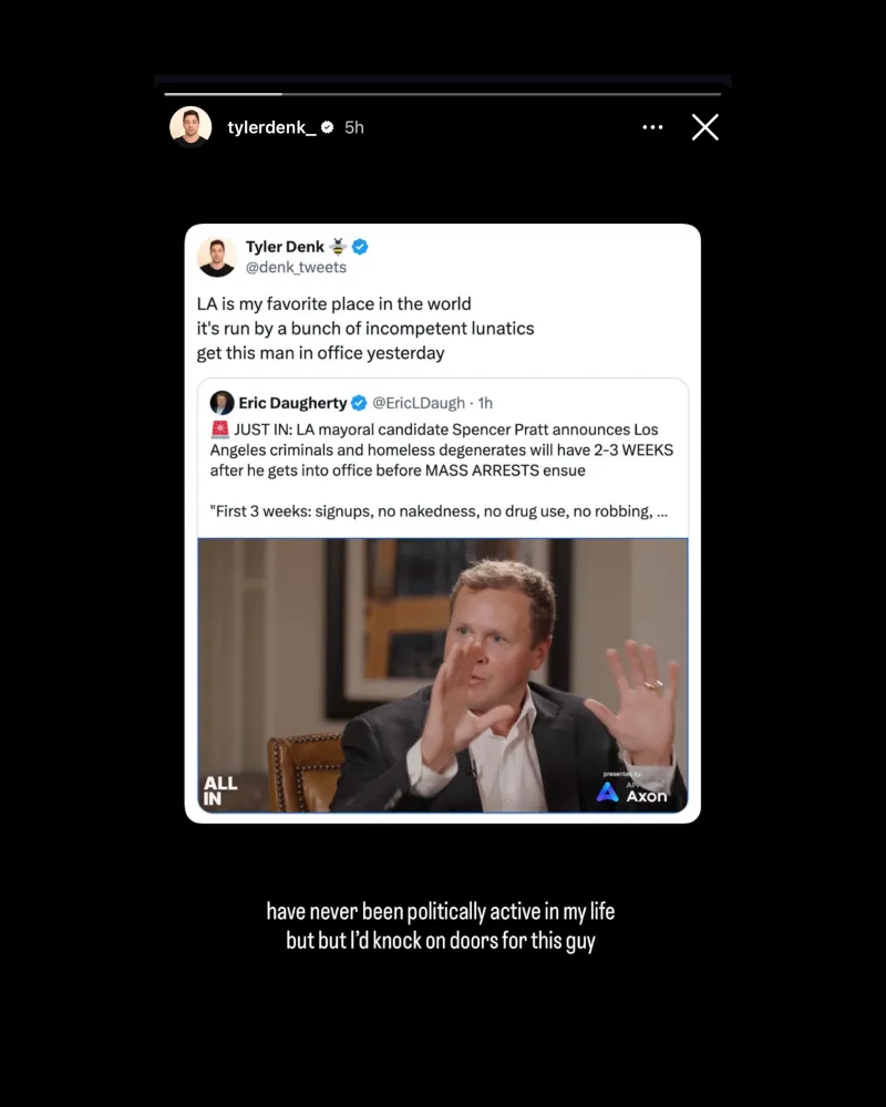Instagram story with a screenshot of a tweet that reads: "LA is my favorite place in the world it's run by a bunch of incompetent lunatics get this man in office yesterday". A caption to the story reads: “have never been politically active in my life but but l'd knock on doors for this guy”