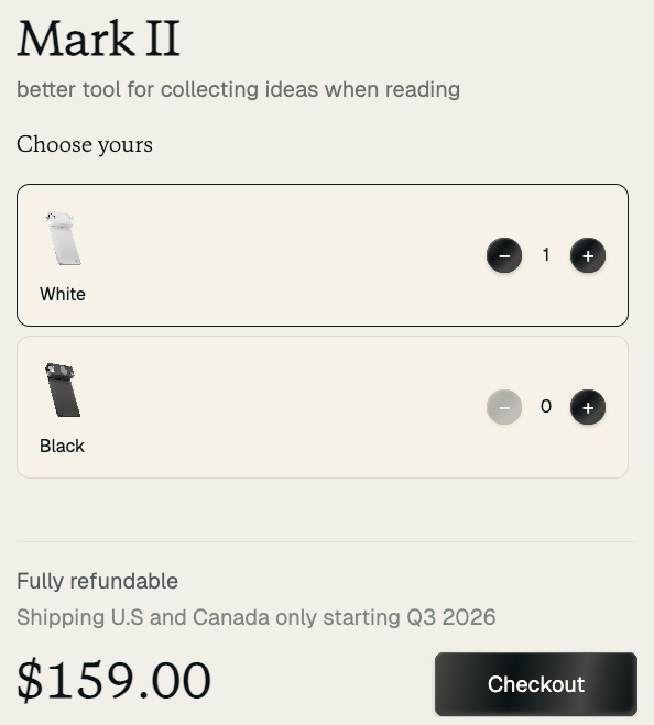 Mark II order page with a shipping date of "starting Q3 2026"