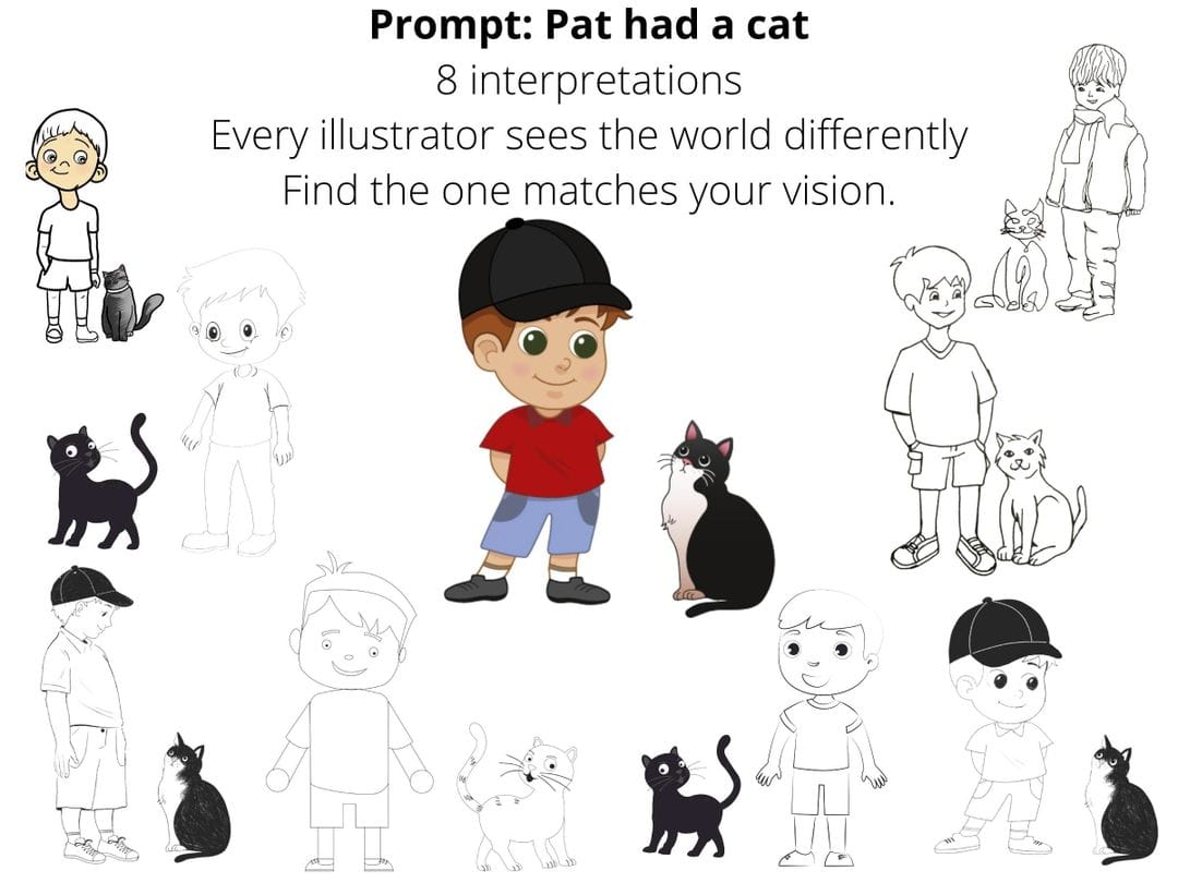An example of different illustrator interpretations of the same illustration prompt. Get many sample illustrations.