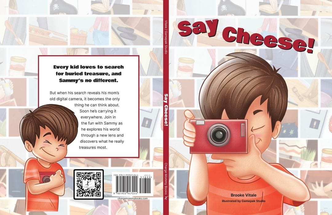 A book cover example showing the cover, spine, and back cover of a picture book.