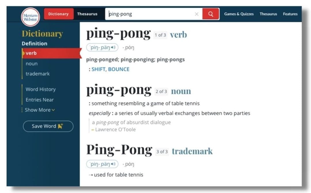 An image of the trademarked term Ping-Pong from the Merriam Webster Dictionary.