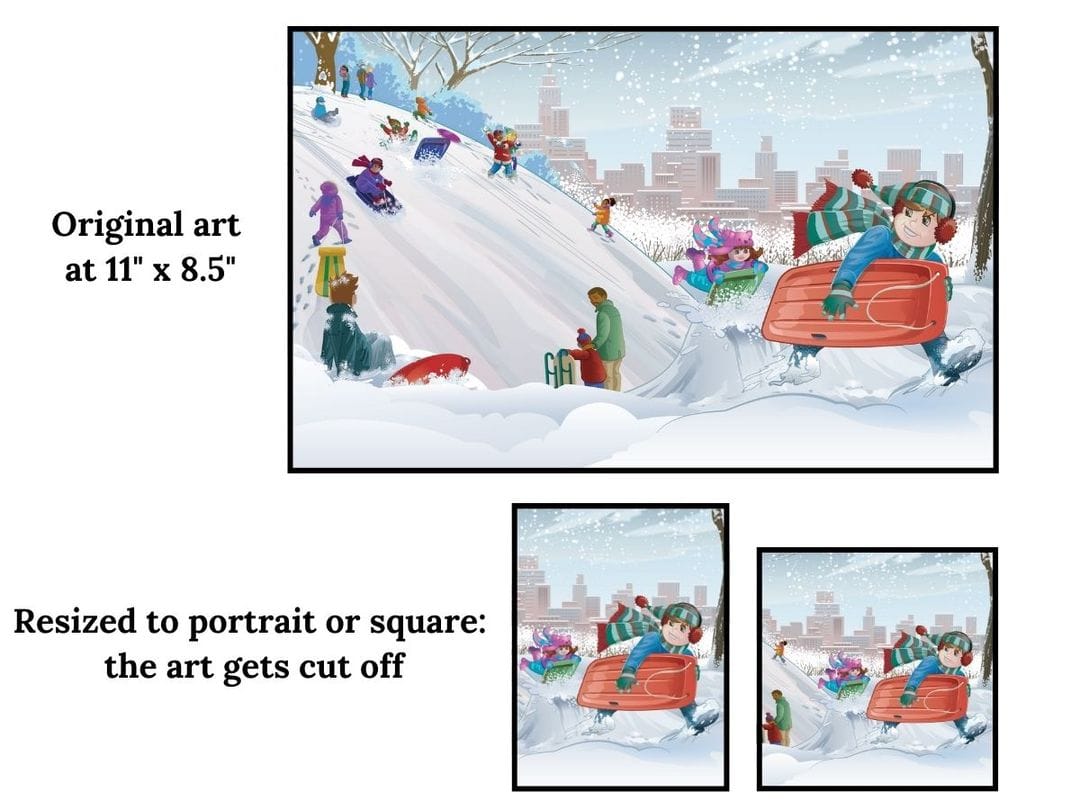 An image showing a book illustration being converted from landscape to square and portrait