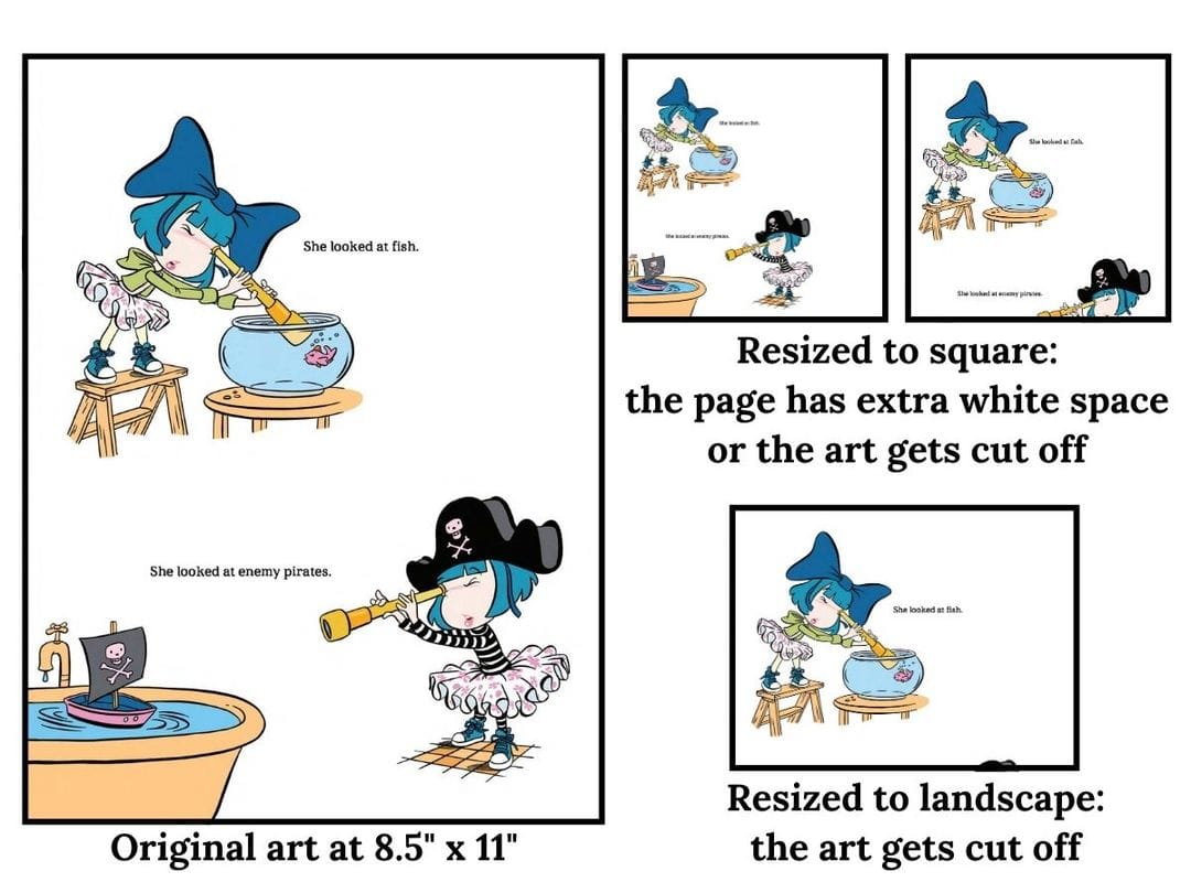 An image showing a book illustration being converted from portrait to square and landscape