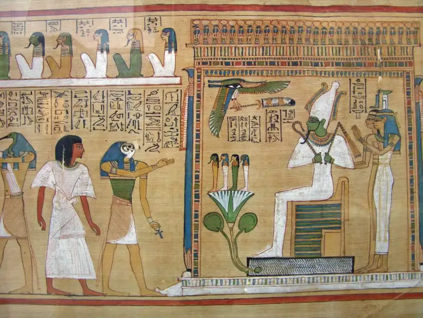 Ancient Egyptian offering scene before Osiris from the Book of the Dead of Hunefer, showing ritual circulation and reciprocity